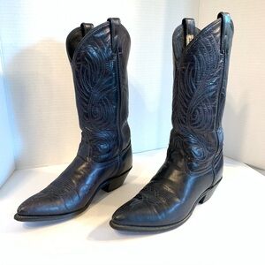 VTG Code West Women's Black Western Leather Boots Size 6.5M Blue Stitch Accent